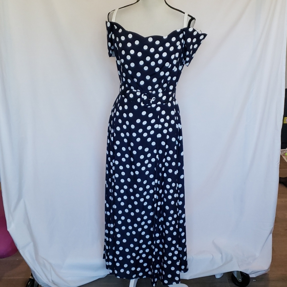 Roberta Navy And White Polka Dot Dress Size 13/14 ☆